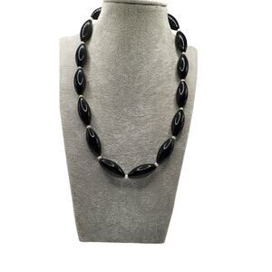 Vintage Black Bead Necklace Sterling Silver Seed Pearl Statement 20in